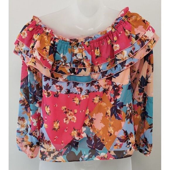 Bar III Off The Shoulder Blouse Top Women's SMALL Pink Blue White Floral Ruffles - Picture 9 of 11